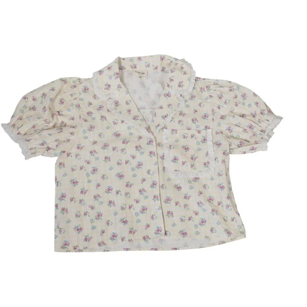Cottage Core Peach Love Yellow and White Gingham Floral Top SZ S Puff Sleeve - Picture 9 of 13